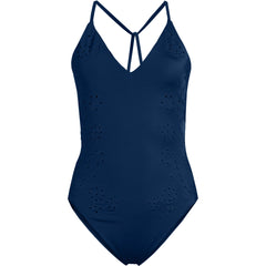 Women's Laser Cut Embroidered Plunge Tie Back Ultra High Leg One Piece Swimsuit