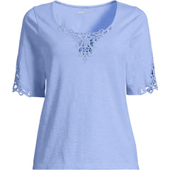 Women's Plus Size Elbow Sleeve Slub Lace Trim T-Shirt