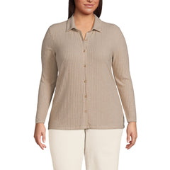 Women's Plus Size Long Sleeve Wide Rib Button Front Polo