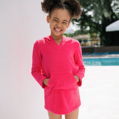 Girls Long Sleeve Hooded Front Pocket Terry Cloth Swimsuit Cover-Up
