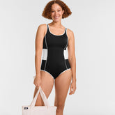 Women's Long Torso Tugless Scoop Neck Colorblock Low Leg One Piece