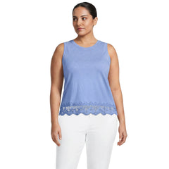 Women's Plus Size Sleeveless Slub Crew Neck Lace Trim Tank Top
