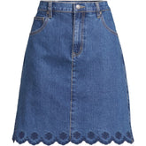 Women's Petite Soft Denim 5 Pocket Above the Knee Skirt with Embroidered Hem