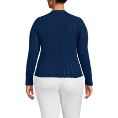 Women's Plus Size Cotton Pointelle Satin Trim Cardigan Sweater