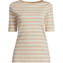 Women's Plus Size Supima Cotton Elbow Sleeve Boatneck Button Shoulder Tee