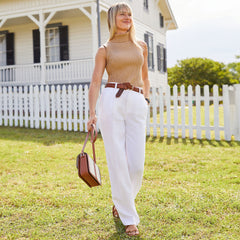 Women's Petite High Rise Wide Leg Linen Pleated Pants