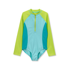 Girls Chlorine Resistant Long Sleeve One Piece Half Zip Swimsuit