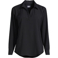 School Uniform Women's Long Sleeve Polo Collar Popover Crepe Blouse