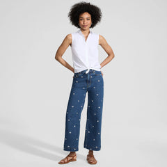 Women's Petite Soft Denim High Rise Embroidered Wide Leg Crop Jeans