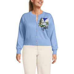 Women's Plus Size Cropped Placed Jacquard Fine Gauge Crew Neck Cardigan Sweater