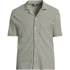 Men's Short Sleeve Cotton Linen Vertical Stripe Button Through Camp Collar Shirt