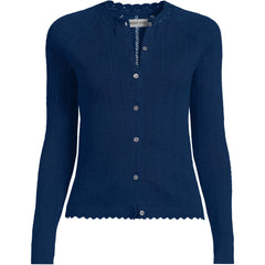 Women's Plus Size Cotton Pointelle Satin Trim Cardigan Sweater