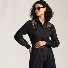 Women's Poplin Lace Inset Long Sleeve Top