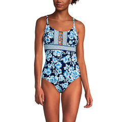 Women's Long Lace Up One Piece Swimsuit