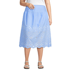 Women's Plus Size Poplin Drop Waist Embroidered Eyelet Midi Skirt