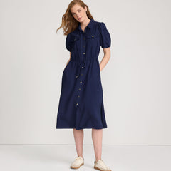 Women's Twill Button Front Fluid Short Sleeve Dress