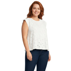 Women's Plus Size Cap Sleeve Eyelet Pintuck Swing Top