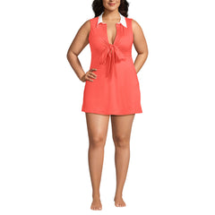 Women's Plus Size Polo Collar Tie Front Swim Dress Swimsuit