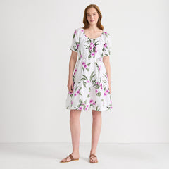 Women's Puff Sleeve Pleated Linen Knee Length Dress