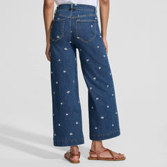 Women's Petite Soft Denim High Rise Embroidered Wide Leg Crop Jeans