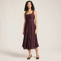 Women's Lace Pleated Square Neck Midi Dress