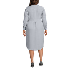 Women's Plus Size Long Sleeve Twill Below The Knee Belted Print Shirt Dress