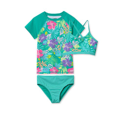Girls Slim Chlorine Resistant Short Sleeve Rash Guard 3 Piece Swimsuit Set
