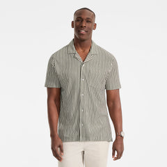Men's Short Sleeve Cotton Linen Vertical Stripe Button Through Camp Collar Shirt