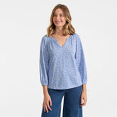 Women's Lightweight Jersey 3/4 Sleeve Notch Neck Gather Blouse
