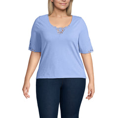 Women's Plus Size Elbow Sleeve Slub Lace Trim T-Shirt