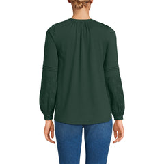 Women's Petite Lightweight Jersey Lace Mix Long Sleeve Pintuck Top