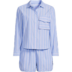 Women's Plus Size Cotton Poplin 2 Piece Pajama Set - Long Sleeve Top and Shorts with Piping