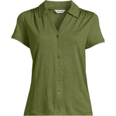 Women's Plus Size Linen Blend Short Sleeve Button Front Polo Top