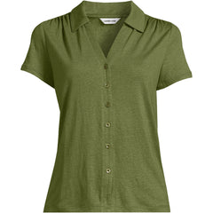 Women's Plus Size Linen Blend Short Sleeve Button Front Polo Top