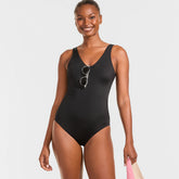 Women's Petite Tugless V-Neck High Leg One Piece Swimsuit