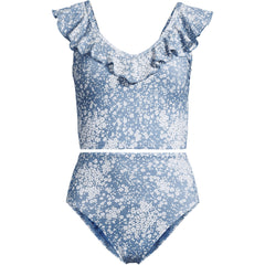 Women's Plus Size Pique Ruffle Midkini Top and High Waisted Bottom Swimsuit Set