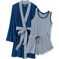 Women's Plus Size Cooling 3 Piece Pajama Set - Robe Tank and Shorts