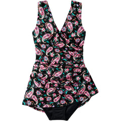 Women's Chlorine Resistant Tummy Control Surplice Wrap Swim Dress One Piece Swimsuit