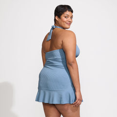 Women's Plus Size Pique Halter Ruffle Hem Mini Swim Dress Swimsuit