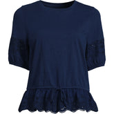 Women's Elbow Sleeve Slub Lace Trim Adjustable Hem Top
