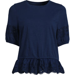 Women's Plus Size Elbow Sleeve Slub Lace Trim Adjustable Hem Top