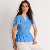 Women's Short Sleeve Mixed Media Eyelet Top