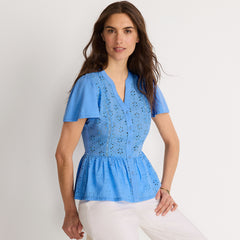 Women's Short Sleeve Mixed Media Eyelet Top