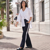 Women's Petite Sport Knit High Rise Relaxed Straight Leg Side Stripe Pants