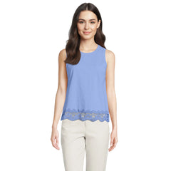 Women's Petite Sleeveless Slub Crew Neck Lace Trim Tank Top