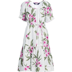 Women's Petite Puff Sleeve Pleated Linen Knee Length Dress