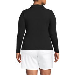 Women's Plus Size Long Sleeve Pointelle Rib Keyhole Polo Top