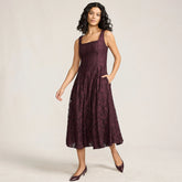 Women's Lace Pleated Square Neck Midi Dress