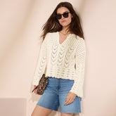 Women's Cotton Boucle Pointelle Notch Neck Sweater