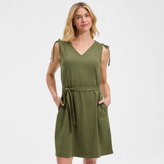 Women's Cotton Jersey Shoulder Tie Belted Mini Dress